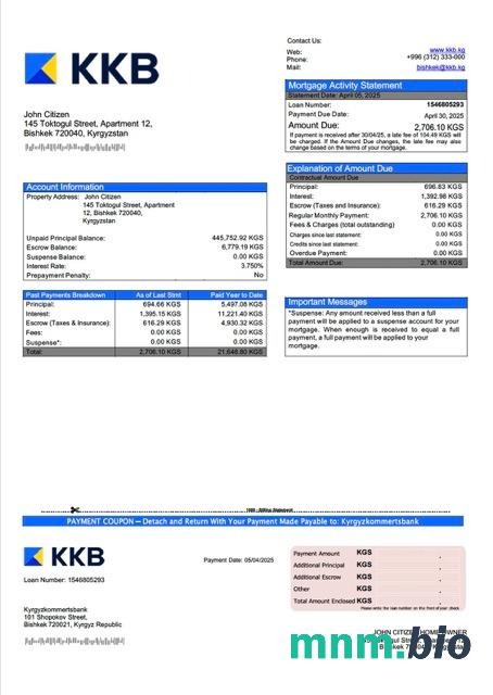 Kirgistan Bank Kyrgyzkommerts wyciąg z kredytu hipotecznego szablon Word i PDF